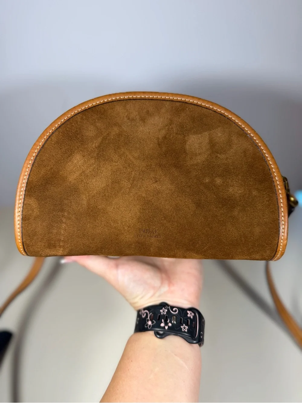 Polo by Ralph Lauren Brown Suede Half-Moon Crossbody with Tan Trim